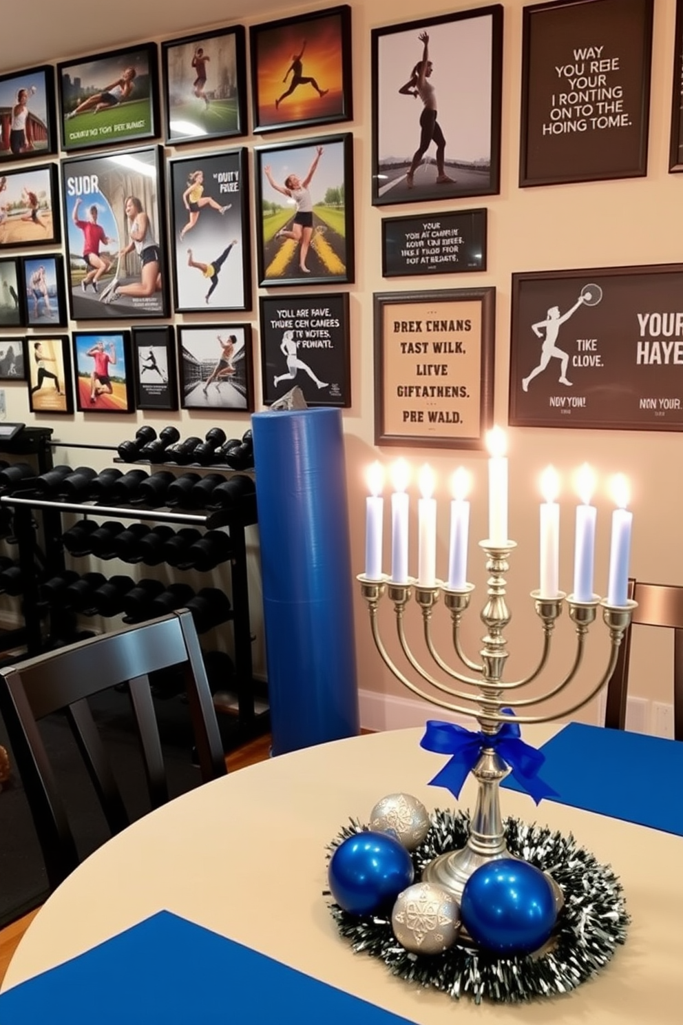 Seasonal artwork featuring fitness themes. A vibrant collection of framed prints showcasing various sports and activities adorns the walls, creating an energetic atmosphere. Home Gym. The space is equipped with a range of exercise equipment including weights and a yoga mat, complemented by motivational quotes displayed on the walls. Hanukkah Decorating Ideas. Elegant blue and silver decorations are tastefully arranged, with a beautifully lit menorah as the centerpiece on the dining table.