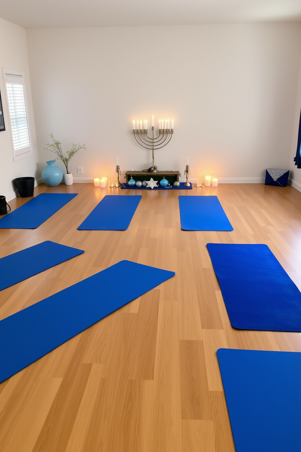 A serene home gym setting designed for Hanukkah. The floor is covered with blue and white yoga mats, creating a calming atmosphere perfect for exercise. Decorative elements include menorahs and dreidels placed strategically around the room. Soft lighting enhances the festive spirit while maintaining a tranquil environment for yoga and meditation.