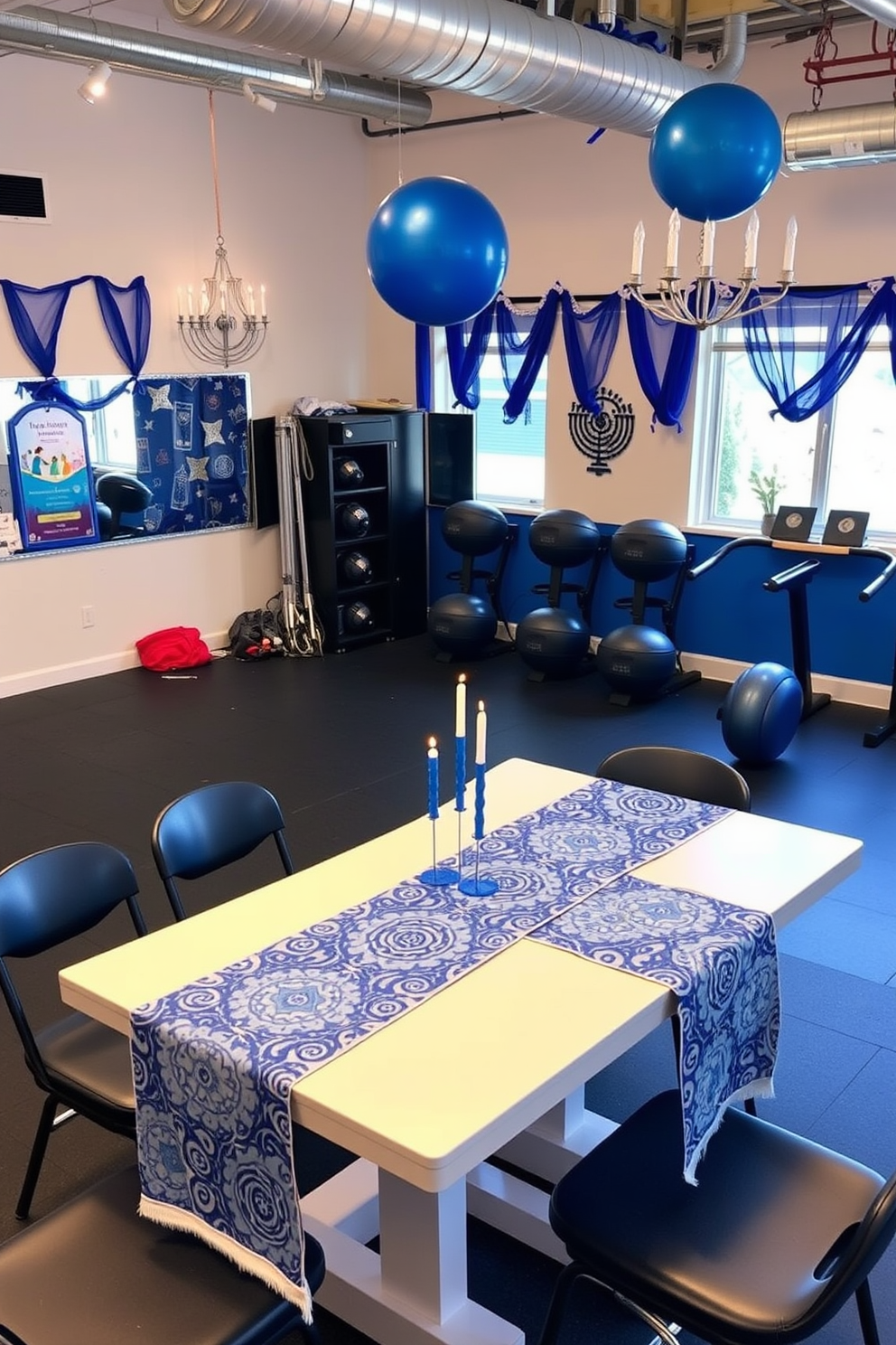 A vibrant home gym setting decorated for Hanukkah. The gym tables are adorned with festive table runners featuring blue and silver patterns, creating a cheerful atmosphere for workouts and celebrations.