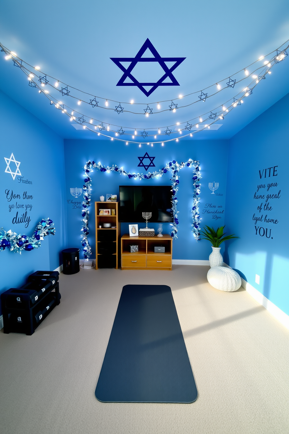 A cozy home gym adorned with Hanukkah decorations. The walls are painted in a calming blue, with a Star of David mural and string lights featuring menorahs hanging across the ceiling. Motivational quotes are displayed on the walls in elegant typography, surrounded by festive garlands of blue and silver. A yoga mat in the center of the room is complemented by Hanukkah-themed weights and a decorative menorah on a shelf.