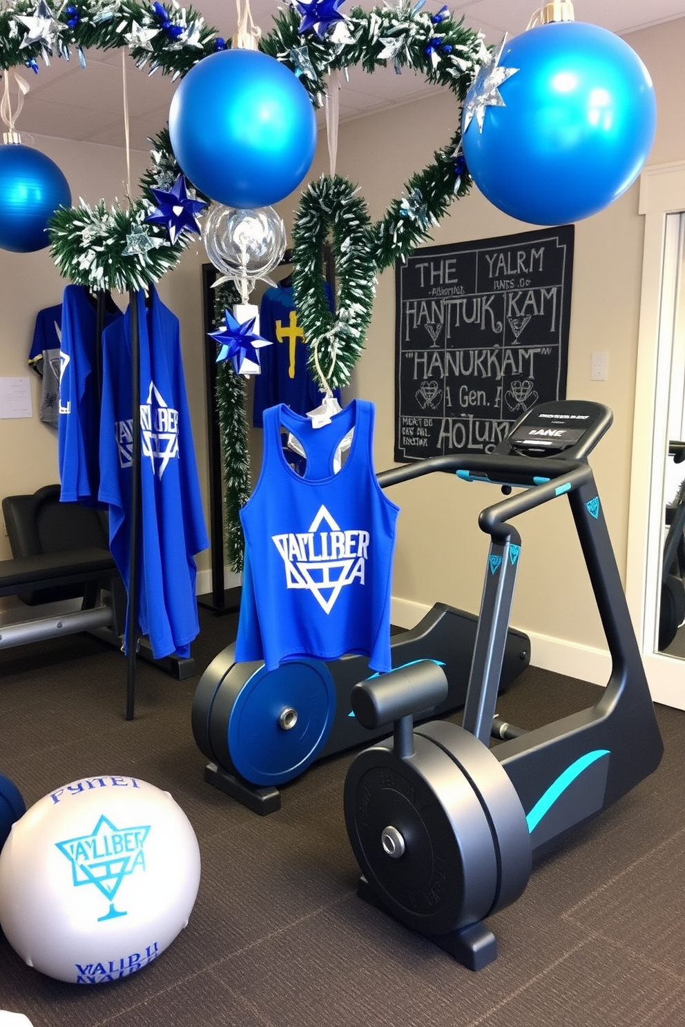 A cozy home gym decorated for Hanukkah features a wall adorned with blue and silver decorations, including a large Star of David and string lights. The workout area is equipped with a yoga mat and weights, while a menorah sits on a nearby shelf, adding a festive touch. Incorporate Hanukkah-themed fitness challenges by displaying motivational posters with phrases in Hebrew and festive colors. A small table nearby holds traditional Hanukkah treats, creating a balance between fitness and celebration.