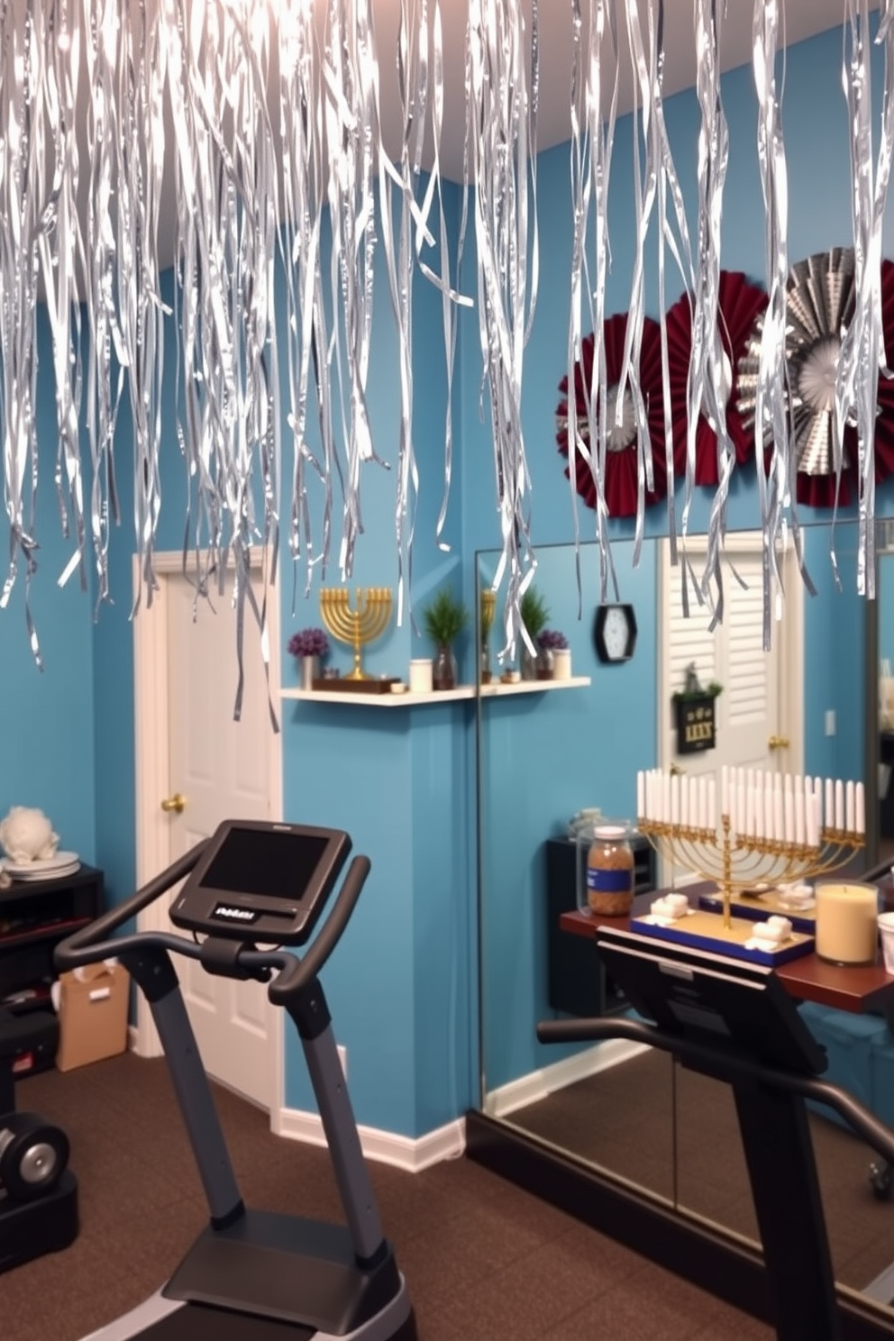 A vibrant home gym filled with energy and motivation. The walls are painted in a calming blue shade, adorned with silver streamers hanging from the ceiling to create a festive atmosphere. Decorative elements celebrate Hanukkah, featuring a beautifully arranged menorah on a shelf. The space includes exercise equipment, with a large mirror reflecting the joyful decorations.