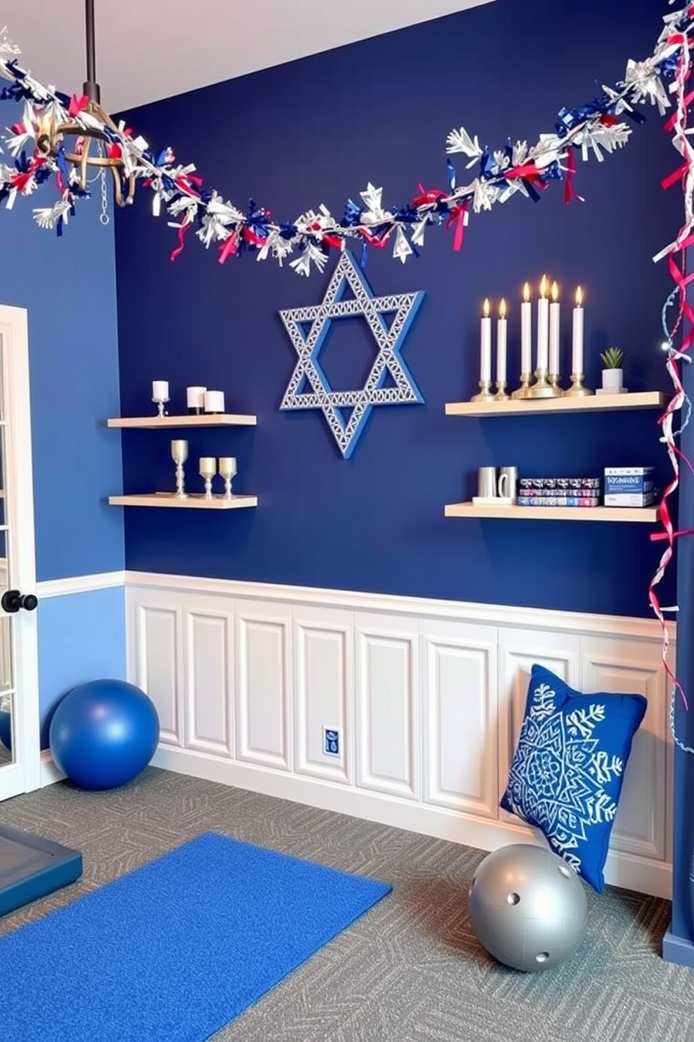 Creative storage for holiday-themed gear. A stylish shelving unit made of reclaimed wood displays neatly organized bins labeled for each holiday, adorned with festive decorations. Home Gym. The space features a sleek rubber flooring with a wall-mounted mirror, showcasing a variety of workout equipment including weights and resistance bands, all in coordinating colors. Hanukkah Decorating Ideas. A beautifully set dining table showcases a blue and silver color scheme with elegant menorah centerpieces, surrounded by plush chairs and soft ambient lighting.