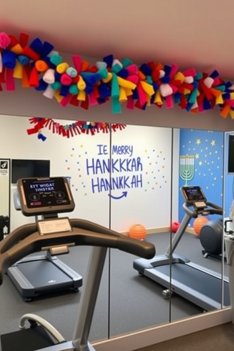 A vibrant home gym adorned with colorful felt garland draped around the mirrors. The space features modern exercise equipment and a motivational wall mural to inspire workouts during the festive Hanukkah season.