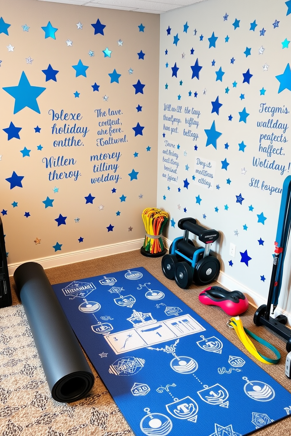 A vibrant home gym setting adorned with holiday-themed stickers. The walls are decorated with blue and silver stars, while motivational quotes in festive fonts inspire workout motivation. In one corner, a large exercise mat is rolled out, featuring a playful design of dreidels and menorahs. Nearby, weights and resistance bands are neatly organized, adding a touch of holiday spirit to the fitness space.