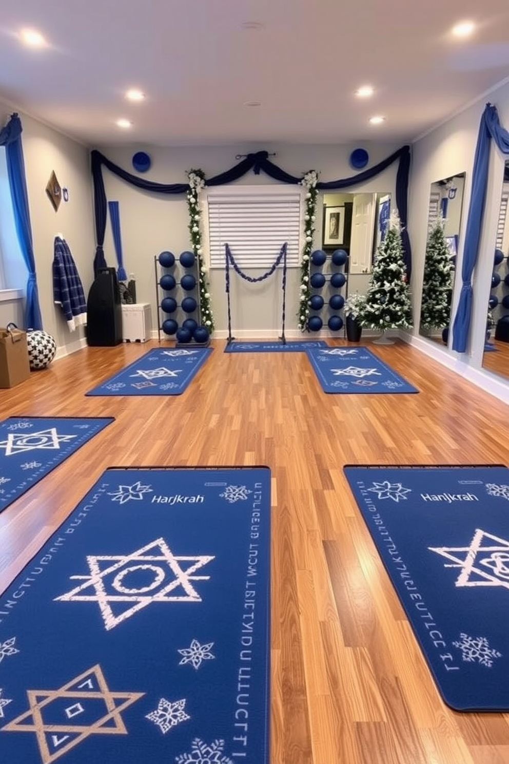 A cozy home gym adorned with Hanukkah-themed decorations. The walls are draped with blue and silver banners featuring Stars of David, and a large menorah sits prominently on a shelf. Brightly colored yoga mats are laid out on the floor, each accompanied by a small dreidel as a unique touch. Soft lighting illuminates the space, creating a warm and inviting atmosphere for relaxation and mindfulness.