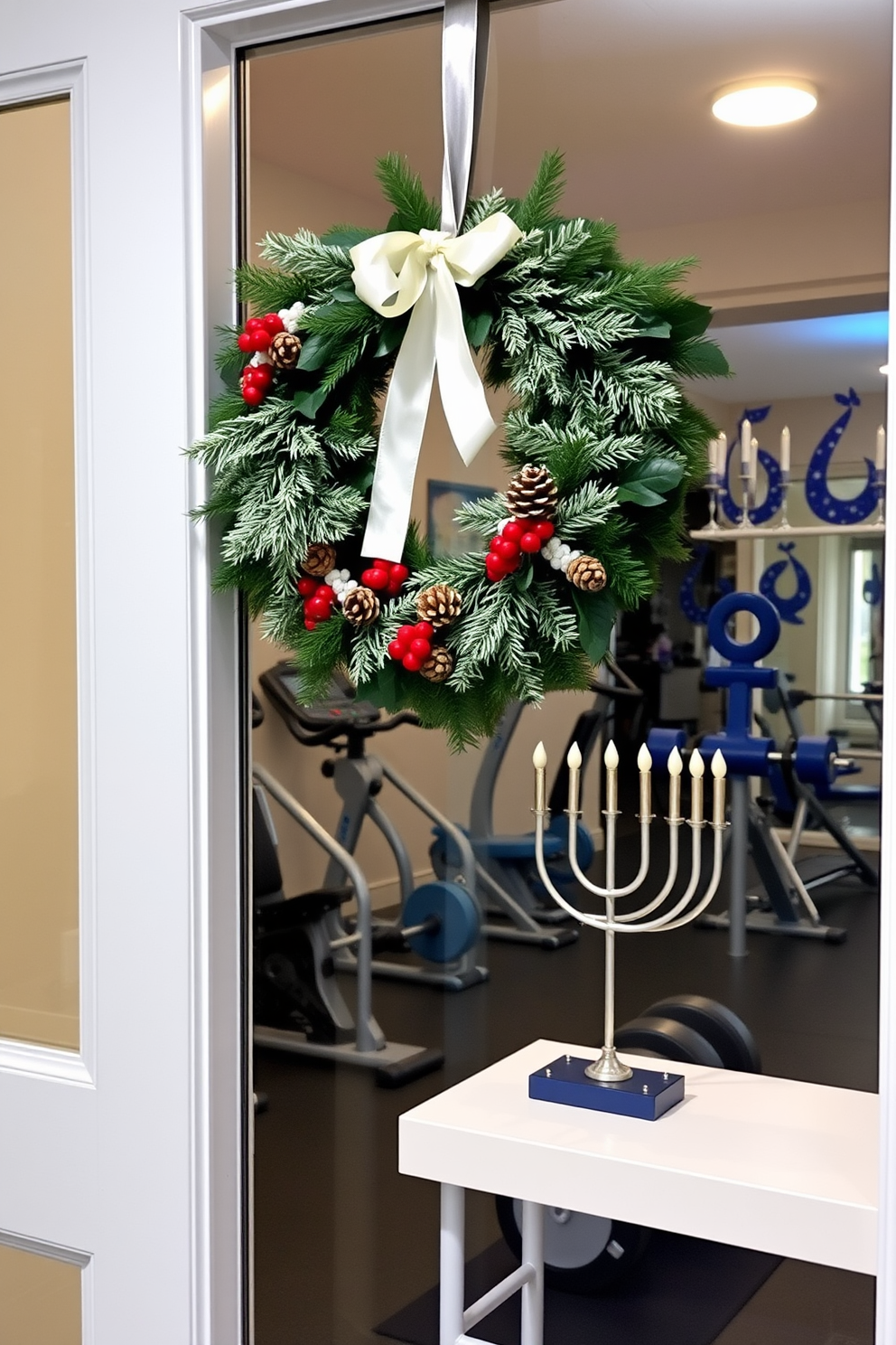 A seasonal wreath adorned with pinecones and red berries hangs on the gym entrance door, welcoming visitors with a festive touch. The wreath is complemented by a subtle ribbon that adds elegance to the overall design. Inside the home gym, Hanukkah decorations create a warm and inviting atmosphere, featuring blue and silver accents throughout the space. A menorah is placed on a shelf, surrounded by exercise equipment, blending functionality with holiday spirit.