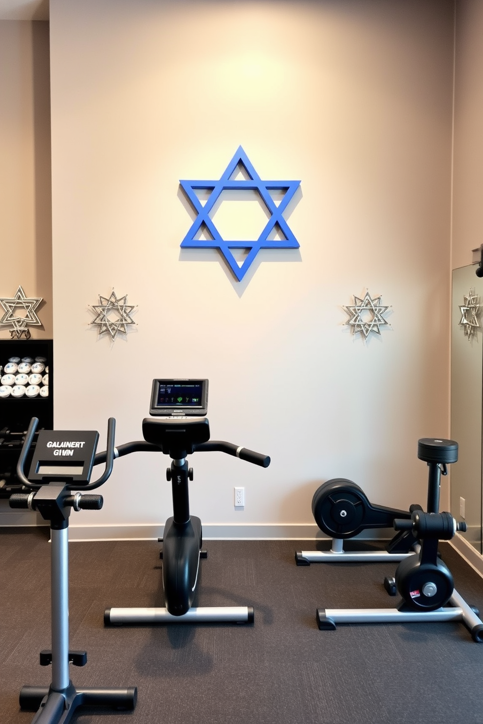 A playful home gym setting features dreidel-shaped weights arranged neatly on a shelf. The walls are adorned with vibrant Hanukkah decorations, creating a festive atmosphere for workouts.