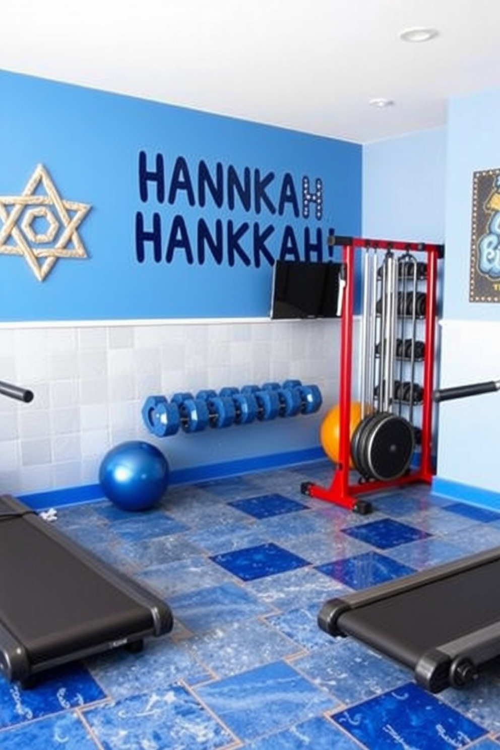 A cozy home gym space that incorporates traditional symbols in the decor. The walls are adorned with framed artwork depicting Hanukkah themes, and a wooden Menorah sits on a shelf near the workout area. The gym features a high-quality treadmill and a set of weights, all placed on a soft blue yoga mat. A decorative rug with Star of David patterns adds warmth to the room, creating a welcoming atmosphere for exercise and reflection.