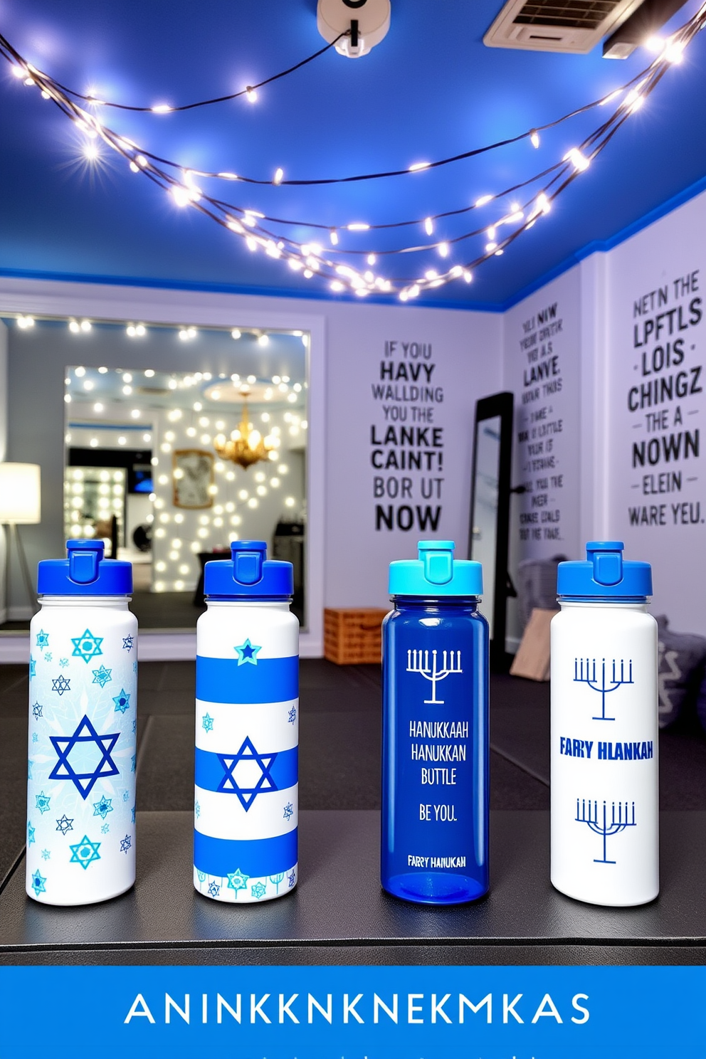 A collection of Hanukkah-themed water bottles designed for workouts. Each bottle features vibrant blue and white colors with Star of David patterns and menorah illustrations, perfect for staying hydrated during exercise. A cozy home gym decorated for Hanukkah. The space includes a festive color scheme with blue and silver accents, string lights draped across the ceiling, and motivational quotes on the walls that celebrate the spirit of the holiday.