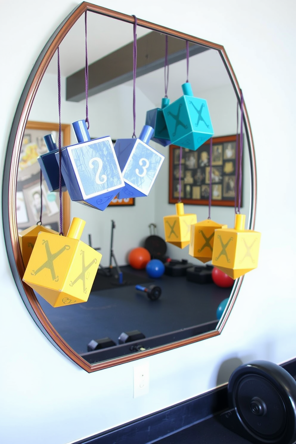 Dreidel decorations are creatively arranged on the workout mirrors, reflecting the festive spirit of Hanukkah. The home gym features a blend of traditional and modern elements, with vibrant colors enhancing the workout space.