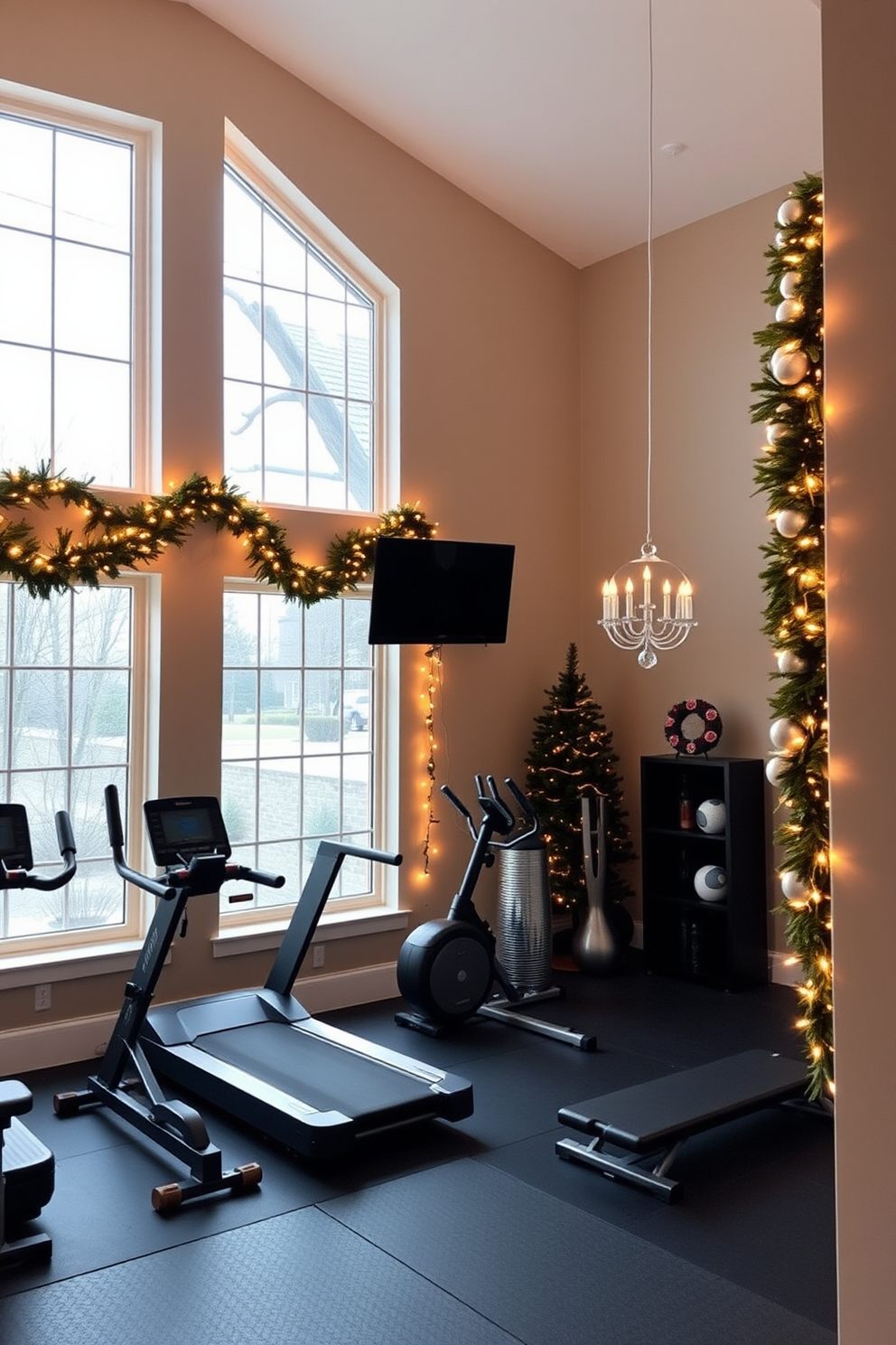 A cozy home gym adorned with a lighted garland draped around large windows. The space features a modern workout area with exercise equipment and festive Hanukkah decorations that create a warm and inviting atmosphere.