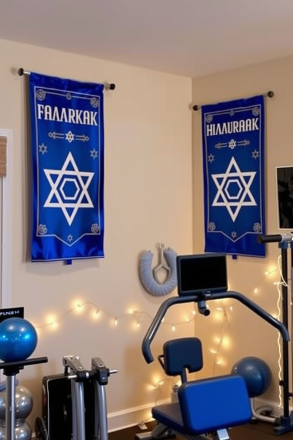 Custom Hanukkah banners hang elegantly on the walls, showcasing vibrant colors and festive designs that celebrate the holiday spirit. The banners are adorned with symbols of Hanukkah, creating a warm and inviting atmosphere for family gatherings. The home gym is transformed with Hanukkah decorating ideas, featuring themed decorations that inspire motivation and joy. Soft blue and silver accents complement the workout equipment, while twinkling lights add a festive touch to the space.