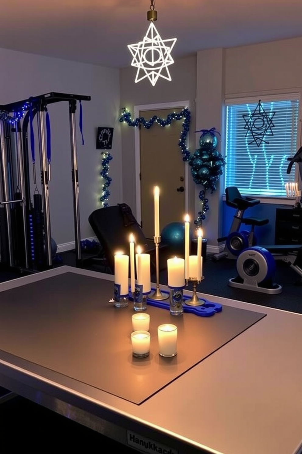 A cozy home gym setting. A sleek gym table is adorned with an array of candles, casting a warm glow throughout the space. Festive decorations inspired by Hanukkah enhance the atmosphere. Blue and silver accents complement the gym equipment, creating a harmonious blend of fitness and celebration.