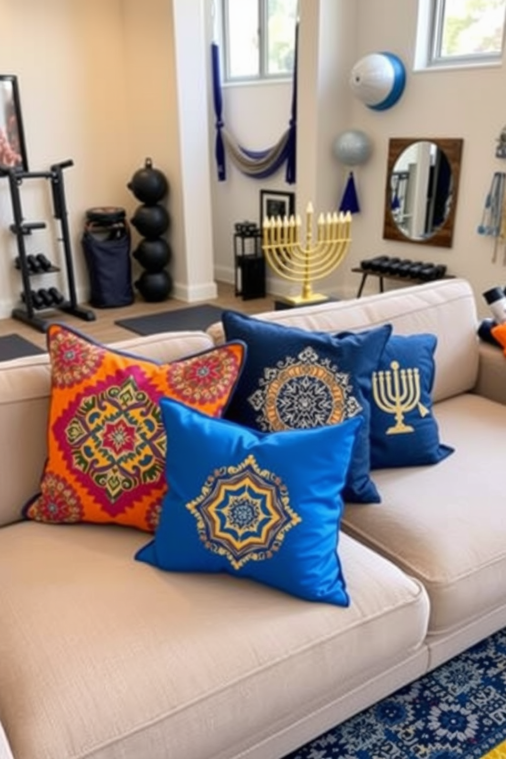 Themed throw pillows on a seating area. The pillows feature vibrant colors and intricate patterns that complement the overall decor style. Home gym with modern equipment and ample natural light. The space includes a yoga mat, weights, and a wall-mounted mirror for workout sessions. Hanukkah decorating ideas that incorporate traditional symbols and colors. The display features a beautifully lit menorah, dreidels, and blue and silver accents throughout the room.