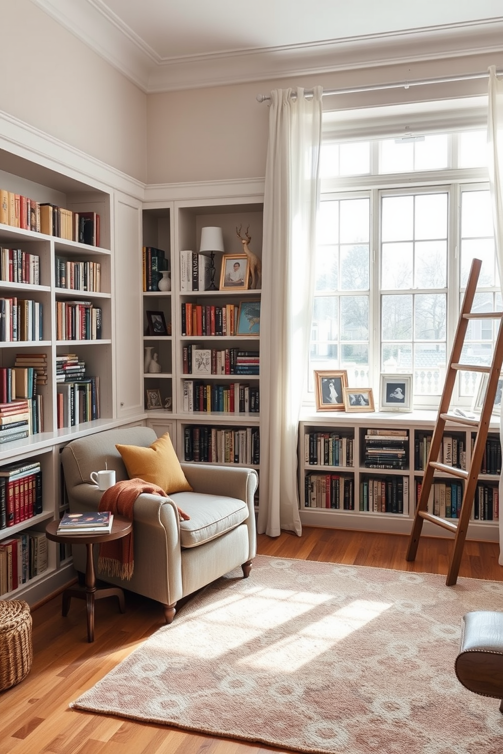 A cozy reading nook by the window features a plush armchair upholstered in soft fabric with a warm throw draped over the arm. A small side table holds a steaming cup of tea and a stack of books, while natural light filters through sheer curtains, creating a serene atmosphere. The home library design includes built-in bookshelves lined with an array of colorful books, accented by decorative items and framed photographs. A comfortable rug anchors the space, and a ladder rests against the shelves for easy access to higher volumes.