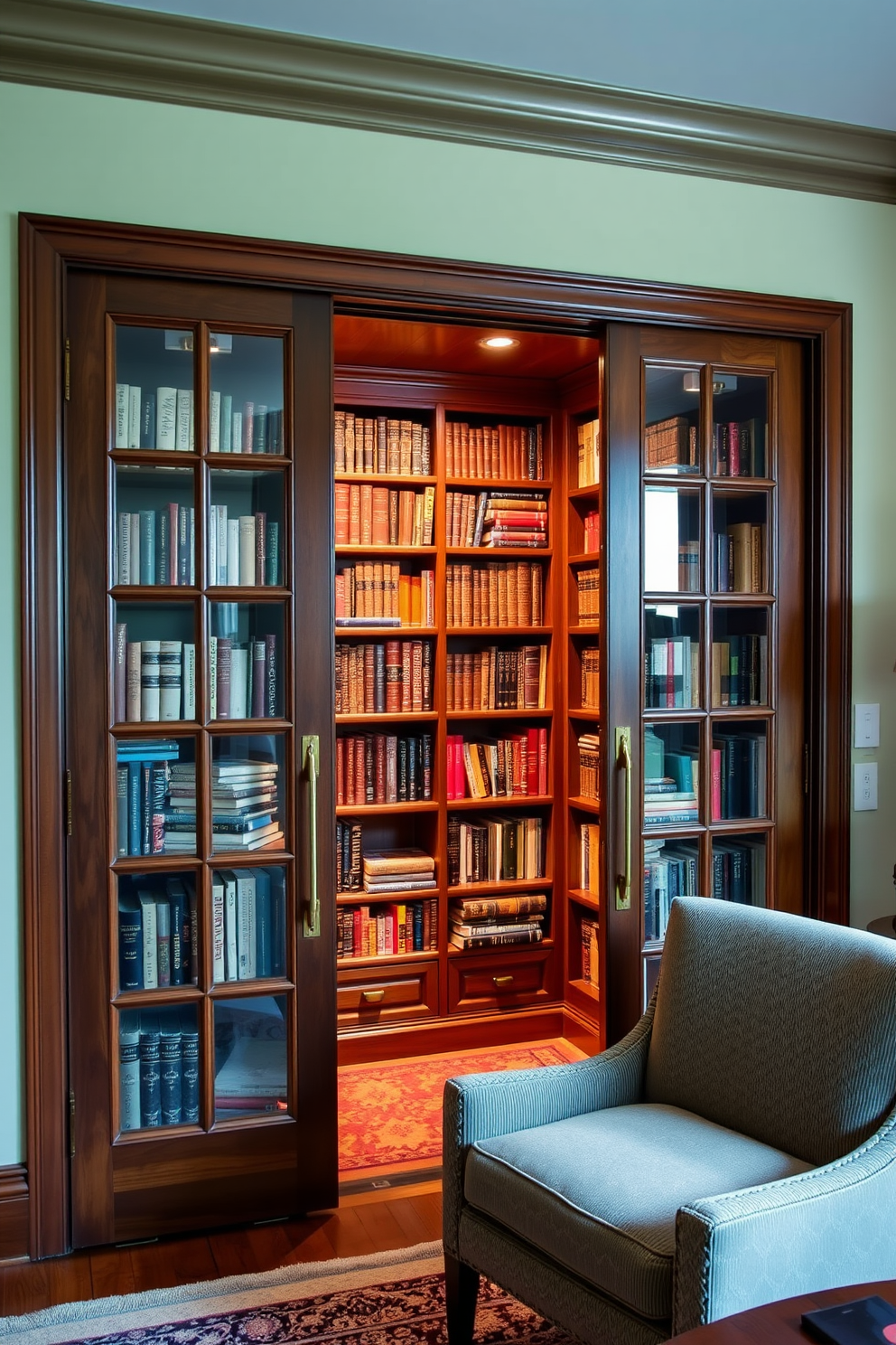 A cozy home library featuring glass doors that elegantly showcase a curated book collection. The room is adorned with rich wooden bookshelves, a plush reading chair, and warm ambient lighting to create an inviting atmosphere.