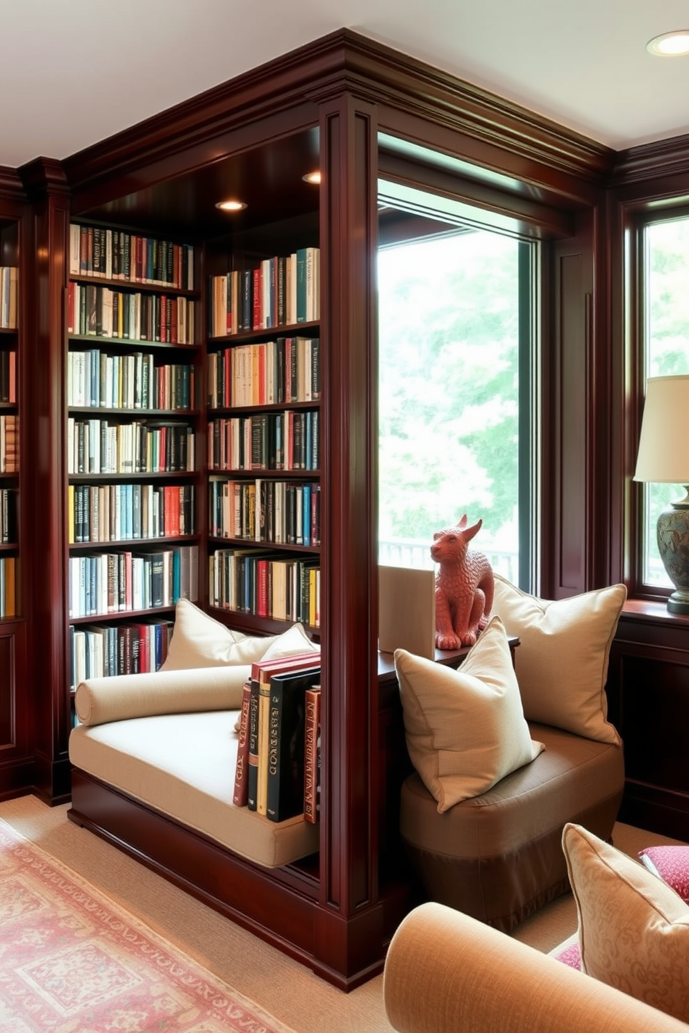 A cozy home library featuring a small wooden desk positioned against a wall lined with floor-to-ceiling bookshelves filled with an array of books. A plush armchair is nestled in the corner, accompanied by a soft throw blanket and a warm reading lamp, creating an inviting nook for relaxation.