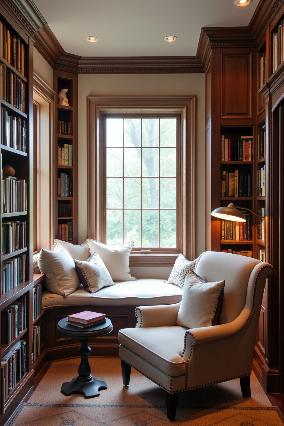 A cozy window seat is nestled in a sunlit alcove, adorned with plush cushions in soft pastel colors. Surrounding the seat, built-in bookshelves are filled with an array of books and decorative items, creating an inviting atmosphere. The home library features rich wooden paneling and warm ambient lighting that enhances the reading experience. A large, comfortable armchair is positioned near a small side table, inviting you to curl up with a good book.