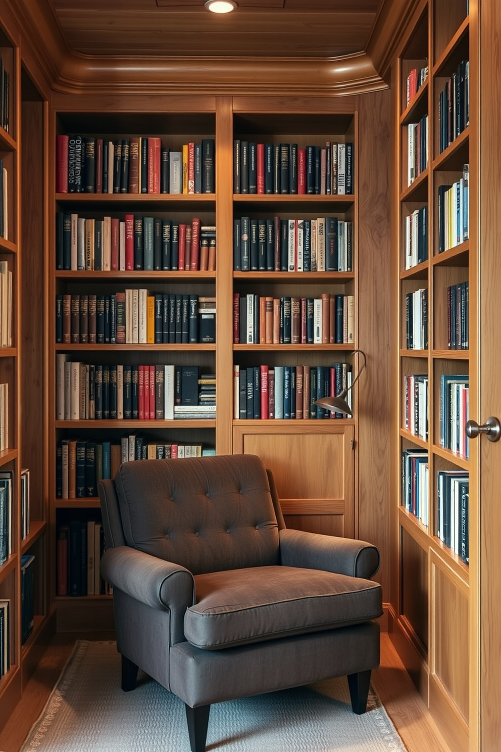 A cozy home library featuring natural wood finishes that create a warm and inviting atmosphere. Shelves filled with books line the walls, complemented by a plush reading nook with a comfortable armchair and soft lighting.