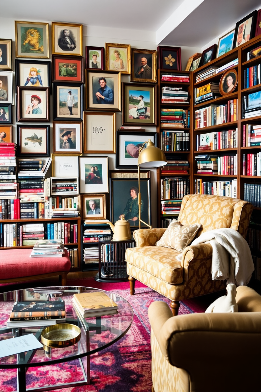 An eclectic home library features a blend of vintage and modern furniture styles creating a unique atmosphere. A large, plush armchair in a bold pattern sits next to a sleek glass coffee table, surrounded by bookshelves filled with an array of colorful books and decorative items. The walls are adorned with an assortment of framed art pieces, showcasing various styles and eras. A cozy reading nook with a vintage floor lamp and a soft throw blanket invites relaxation and inspires creativity.