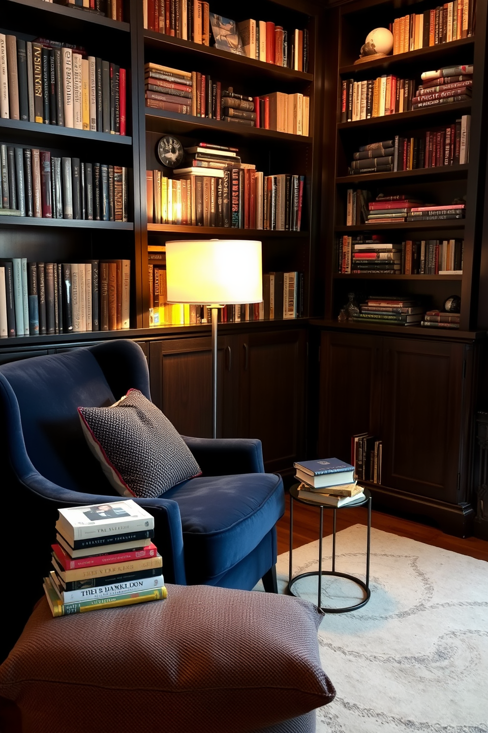 A cozy reading corner with a plush armchair upholstered in a rich navy fabric. Next to it stands a sleek floor lamp with a warm glow, illuminating a small side table stacked with books. The walls are lined with dark wooden bookshelves filled with an eclectic mix of novels and decorative items. A soft area rug in muted tones anchors the space, inviting relaxation and quiet contemplation.