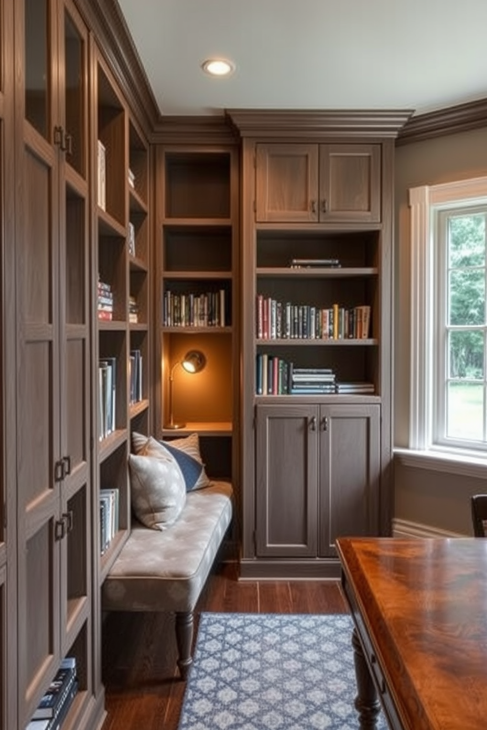 A cozy home library with hidden storage solutions to maintain a tidy and organized appearance. The room features built-in bookshelves that seamlessly blend into the walls, with discreet compartments for storing items out of sight. A comfortable reading nook is positioned near a large window, adorned with plush cushions and a soft throw blanket. Warm lighting fixtures create an inviting atmosphere, while a rich wooden desk provides a functional workspace without clutter.