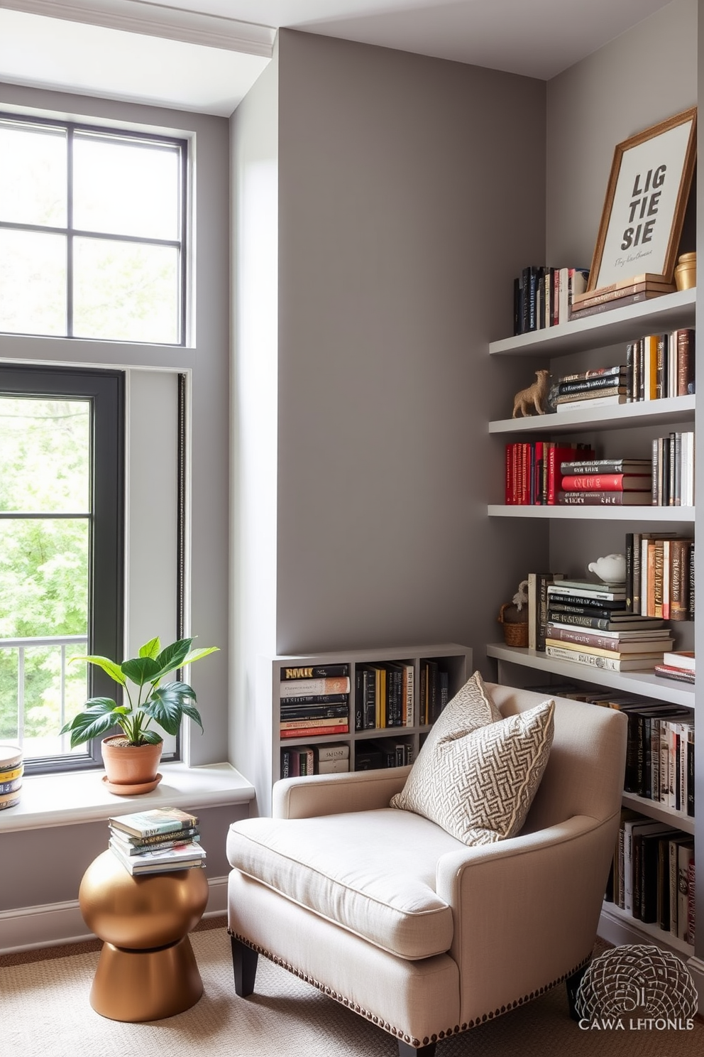 A cozy home library featuring floating shelves that showcase a curated collection of books and decorative items. The walls are painted in a soft gray hue, and a comfortable reading nook with a plush armchair is positioned near a large window, allowing natural light to fill the space.