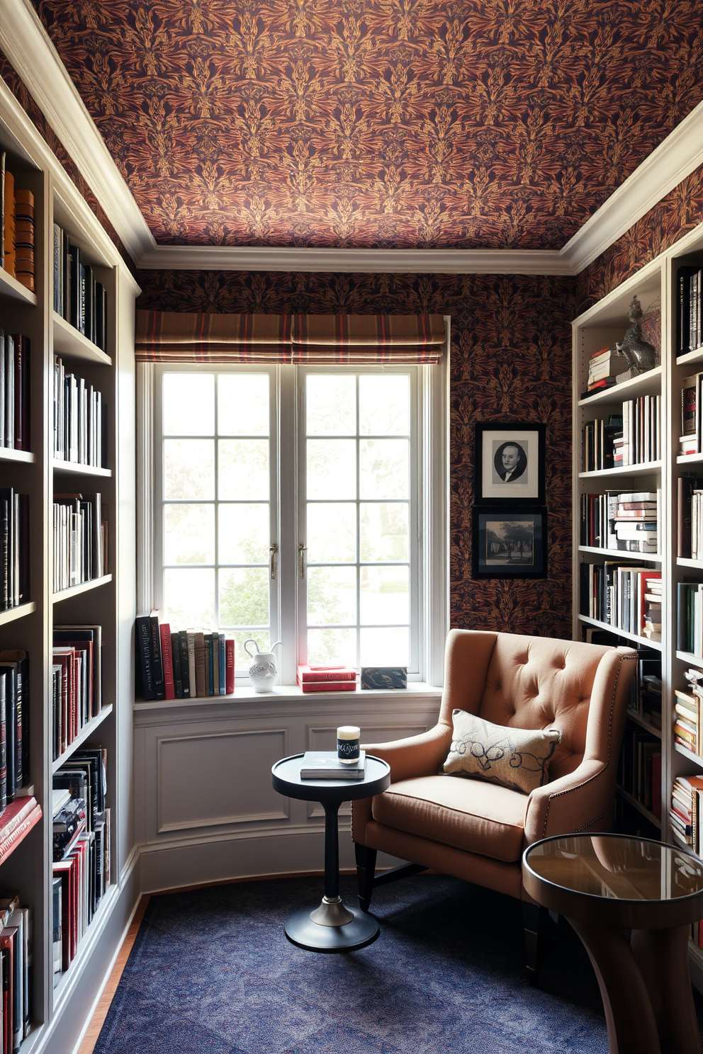 A home library with bold wallpaper featuring an intricate pattern in rich colors that creates a dramatic focal point. The shelves are filled with books of various sizes, and a cozy reading nook with a plush armchair and a small side table is positioned near a large window allowing natural light to flood the space.