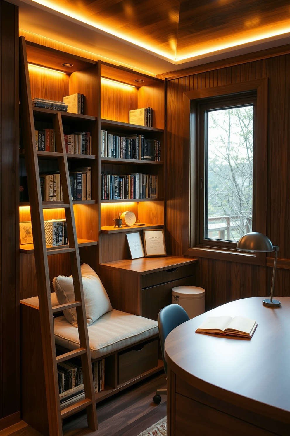 A cozy home library featuring multi-functional furniture that maximizes space. A sleek bookshelf doubles as a ladder and a reading nook with a plush seat and soft lighting. The walls are lined with rich wooden panels and warm ambient lighting creates an inviting atmosphere. A compact desk with built-in storage sits near a window, allowing for natural light to enhance the reading experience.