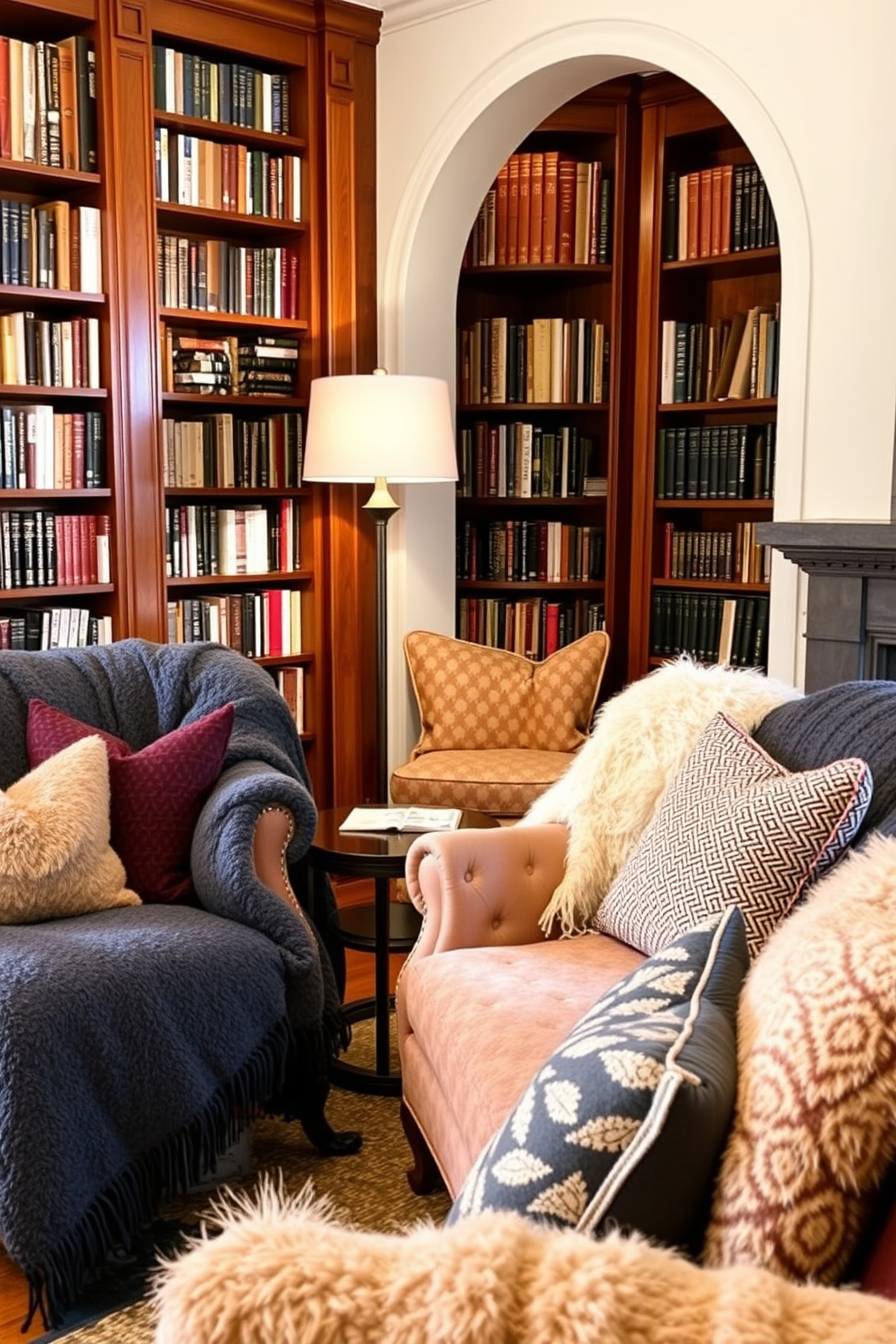 A cozy home library setting featuring a large window seat adorned with plush cushions and a warm throw blanket. The walls are lined with built-in wooden bookshelves filled with an eclectic mix of books, while a soft area rug anchors the seating area.