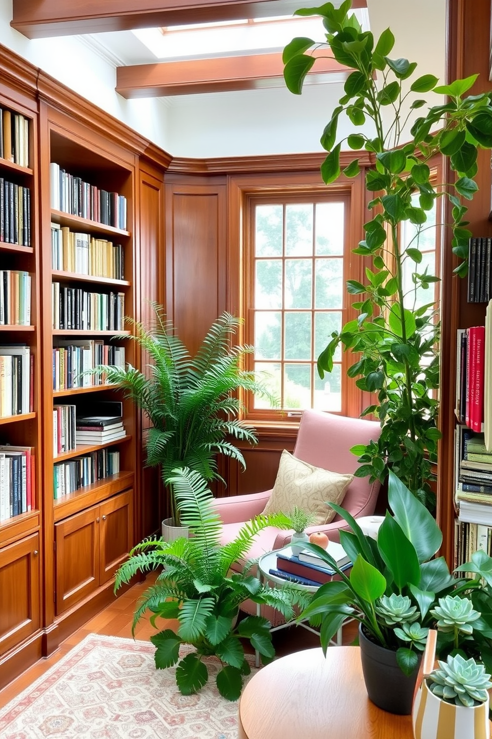 A cozy home library filled with natural light. There are built-in wooden shelves lined with books, and a comfortable reading nook with a plush armchair and a small side table. Green plants are strategically placed throughout the space, adding a touch of nature and freshness. A large potted fern sits in the corner, while smaller succulents adorn the shelves and table.