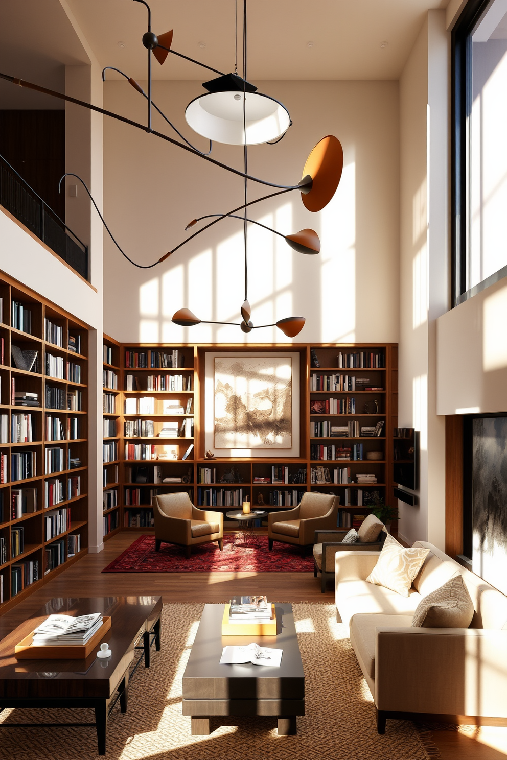 A cozy home library featuring a large chalkboard mounted on the wall for notes and inspirational quotes. The room is filled with floor-to-ceiling bookshelves made of dark wood, showcasing an extensive collection of books and decorative items. A comfortable reading nook is positioned near a window, with a plush armchair and a small side table. Soft, warm lighting illuminates the space, creating an inviting atmosphere perfect for relaxation and study.