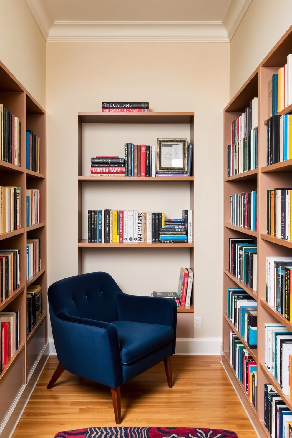 A cozy home library with built-in wooden bookshelves filled with a variety of books. A large plush armchair is positioned in the corner, accompanied by a small side table holding a decorative box for organizing materials. Soft lighting from a stylish floor lamp creates a warm ambiance, illuminating the rich wood tones of the shelves. A patterned area rug lies beneath the armchair, adding texture and comfort to the space.