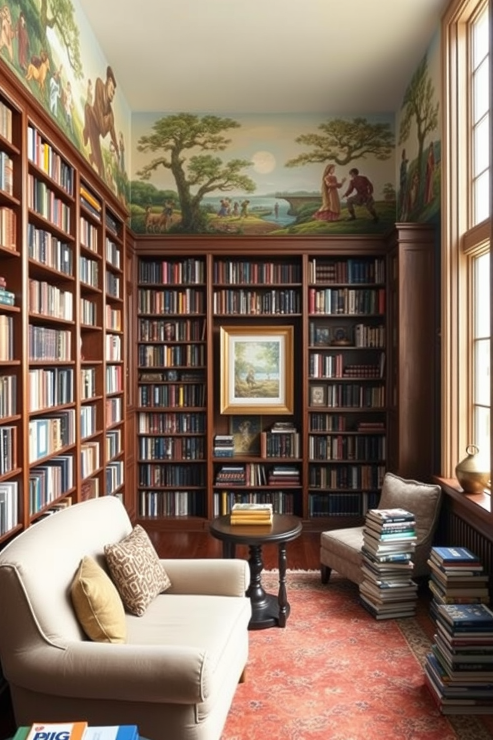 A cozy home library filled with artistic murals that inspire creativity. The walls are adorned with vibrant, hand-painted murals depicting scenes from classic literature, creating an enchanting atmosphere. A large, plush armchair sits in the corner, accompanied by a small side table stacked with books. Natural light floods the space through tall windows, highlighting the rich wooden bookshelves that line the walls.