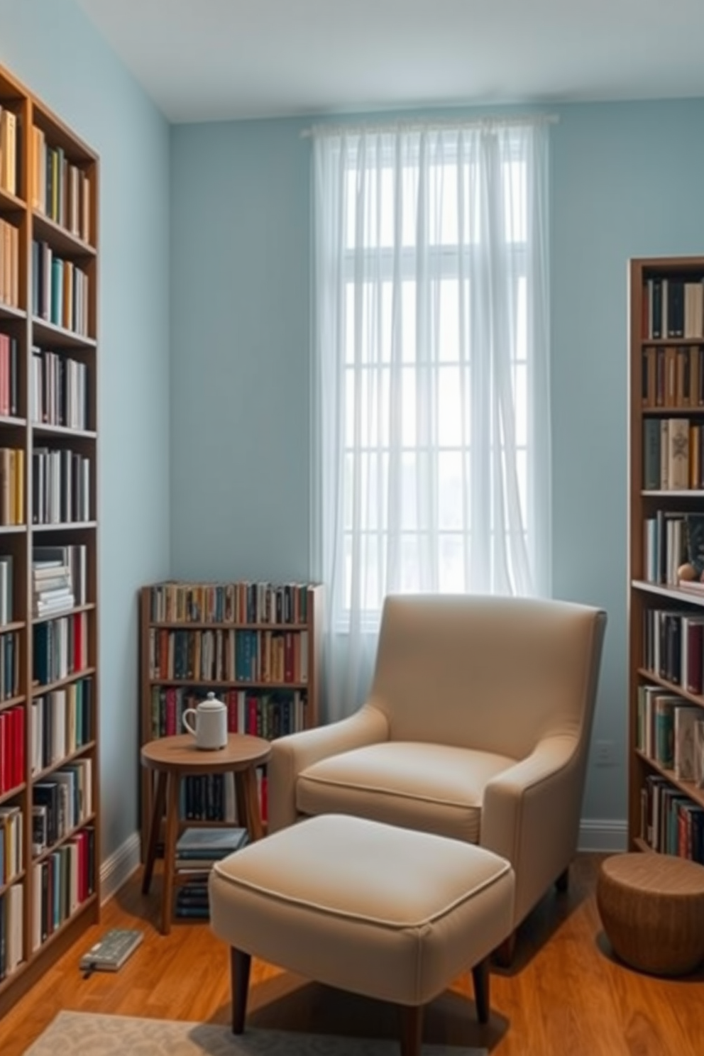 A serene corner designed for meditation and reading. It features a plush armchair in soft beige, paired with a small wooden side table holding a steaming cup of tea. Surrounding this cozy nook are tall bookshelves filled with an array of colorful books. The walls are painted in a calming light blue, and a large window lets in natural light, adorned with sheer white curtains.