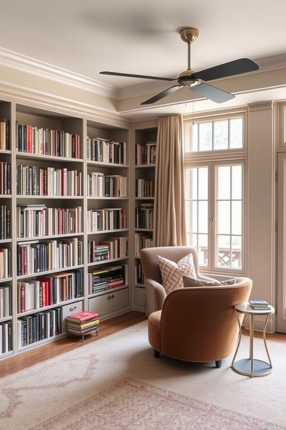 A cozy home library featuring floor-to-ceiling bookshelves filled with an eclectic mix of books and decorative objects. A plush reading nook with a deep armchair and a small side table is positioned near a large window, allowing natural light to illuminate the space. Art pieces are strategically placed throughout the library, including framed paintings and sculptures that add visual interest and character. A soft area rug anchors the seating area, while warm lighting from stylish lamps creates an inviting atmosphere for reading and relaxation.