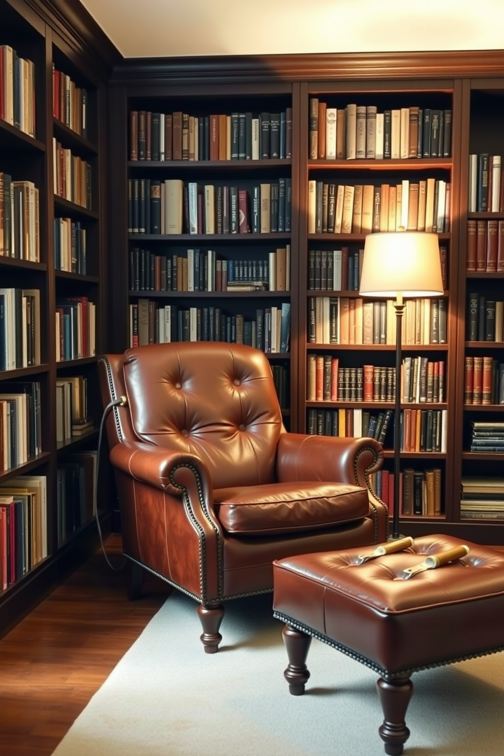 Classic leather armchair with ottoman placed in a cozy home library setting. The walls are lined with dark wooden bookshelves filled with books, and a warm reading lamp stands beside the chair.