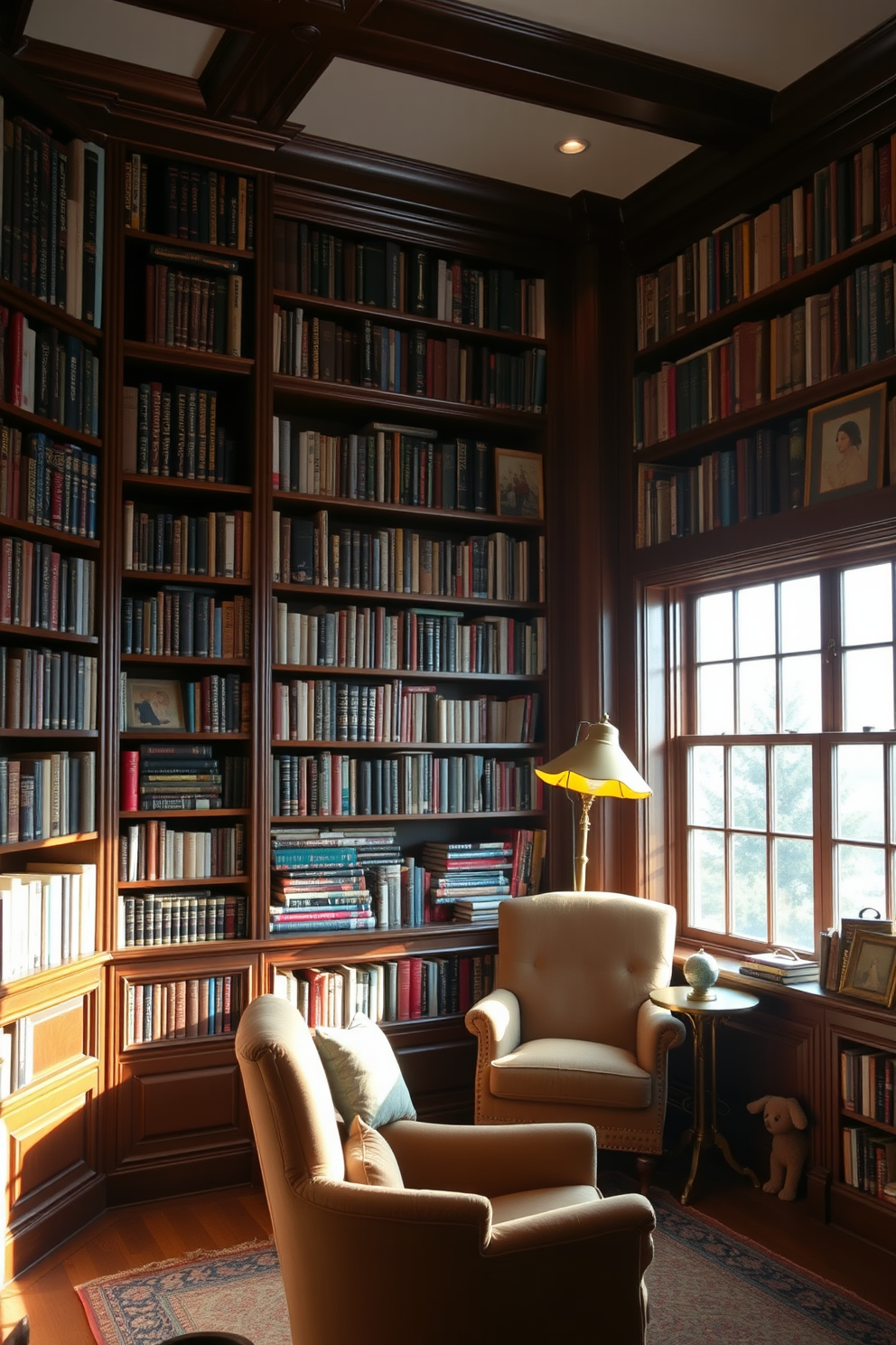 A serene home library featuring soft beige walls and a plush cream carpet creates an inviting atmosphere. Tall bookshelves filled with a curated collection of books flank a cozy reading nook with a comfortable armchair and a small side table. Natural light floods the space through large windows adorned with sheer white curtains. A subtle wooden desk sits against one wall, paired with a sleek lamp and a few decorative items to inspire creativity.