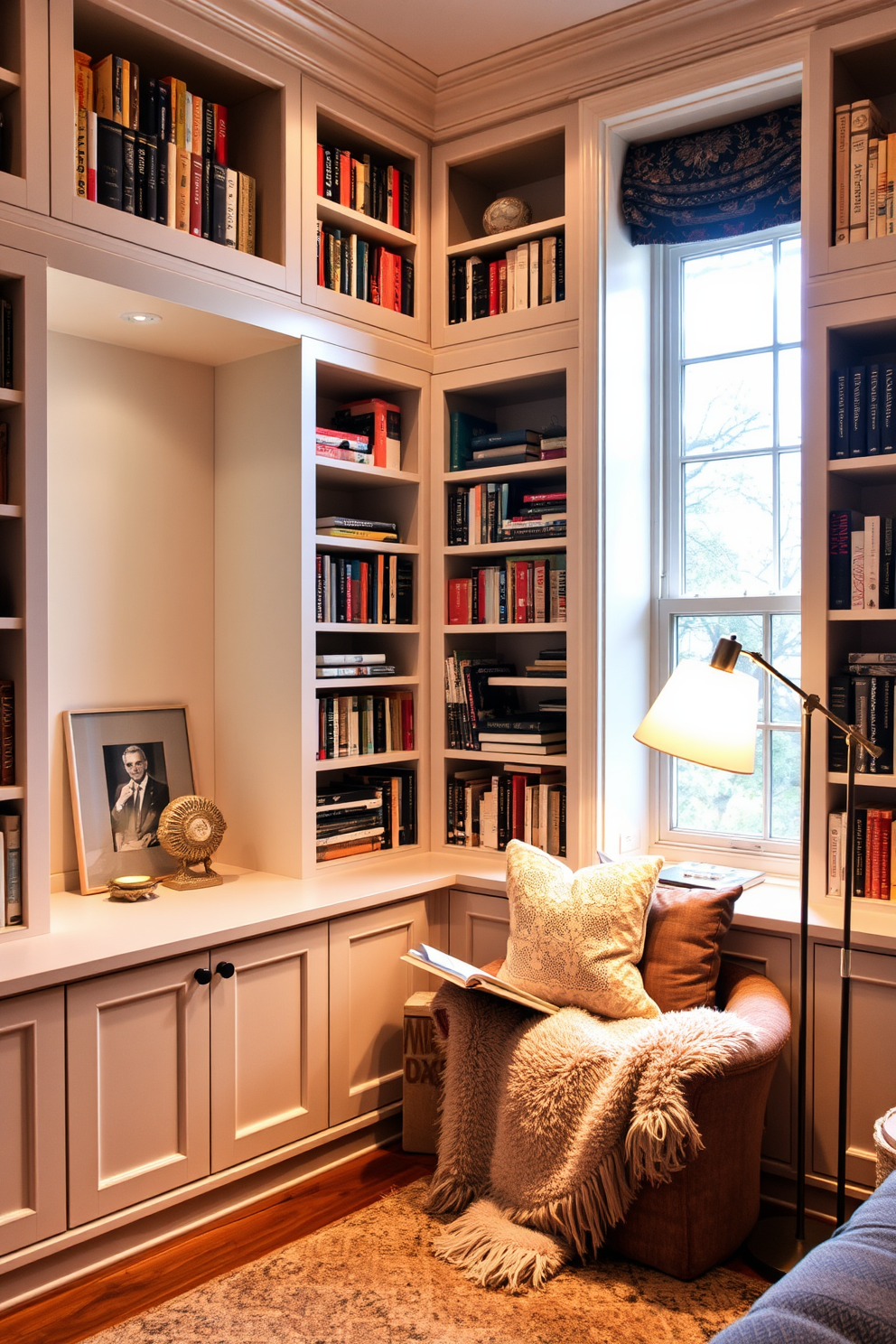 A cozy home library featuring warm lighting emanating from stylish table lamps placed on elegant wooden shelves. The walls are lined with books, and a plush armchair sits invitingly in the corner, creating a perfect reading nook.