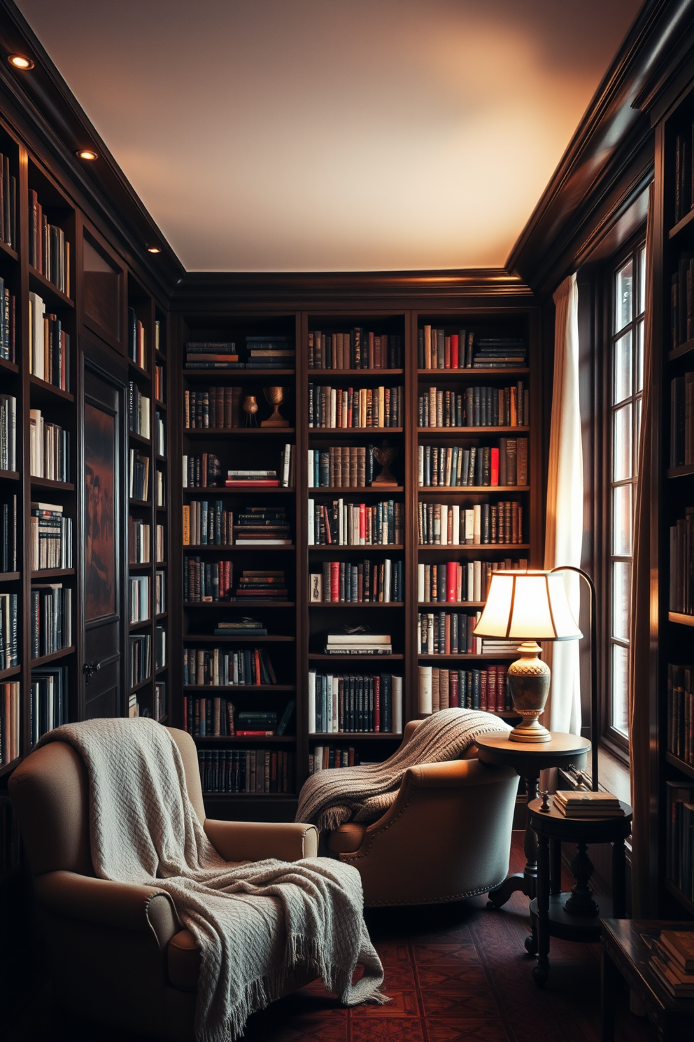 A cozy home library filled with warm lighting to create a welcoming ambiance. The walls are lined with dark wooden bookshelves, showcasing an extensive collection of books and decorative items. A plush armchair is positioned near a large window, draped with soft blankets and accompanied by a small side table. A vintage floor lamp casts a soft glow, enhancing the inviting atmosphere of the space.