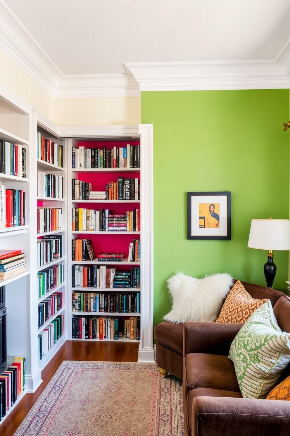 A colorful accent wall creates a vibrant focal point in a cozy home library. The wall is painted in a rich teal shade, adorned with floating shelves filled with an eclectic mix of books and decorative items. Comfortable seating is arranged around a stylish coffee table, inviting relaxation and reading. Soft lighting from a chic floor lamp enhances the warm atmosphere, making it the perfect retreat for book lovers.