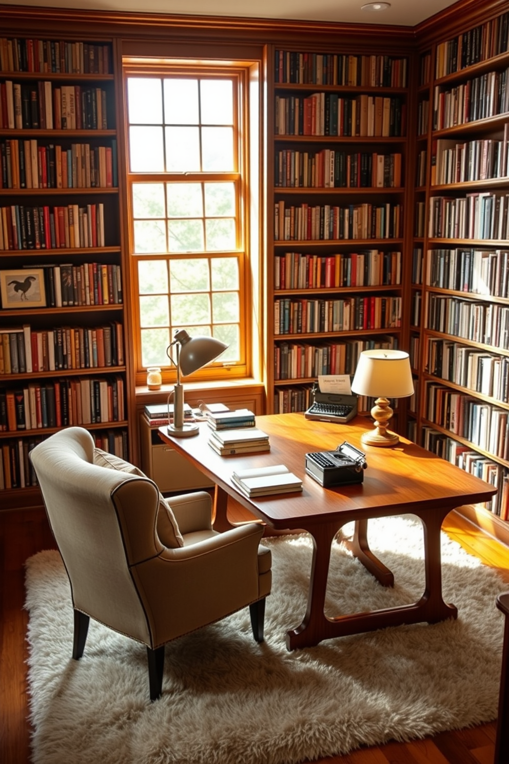 A cozy home library featuring a large wooden desk positioned by a window, allowing natural light to flood the space. The walls are lined with floor-to-ceiling bookshelves filled with an array of books, and a comfortable armchair is placed nearby for reading. The desk is adorned with a stylish lamp, a stack of books, and a vintage typewriter to inspire creativity. A plush area rug anchors the room, while warm lighting creates an inviting atmosphere perfect for reading and writing.