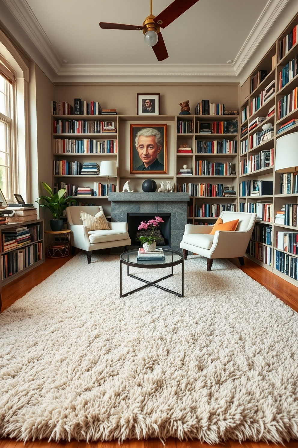 A cozy home library featuring a soft area rug that adds warmth and comfort underfoot. The walls are lined with floor-to-ceiling bookshelves filled with an eclectic mix of books and decorative items.