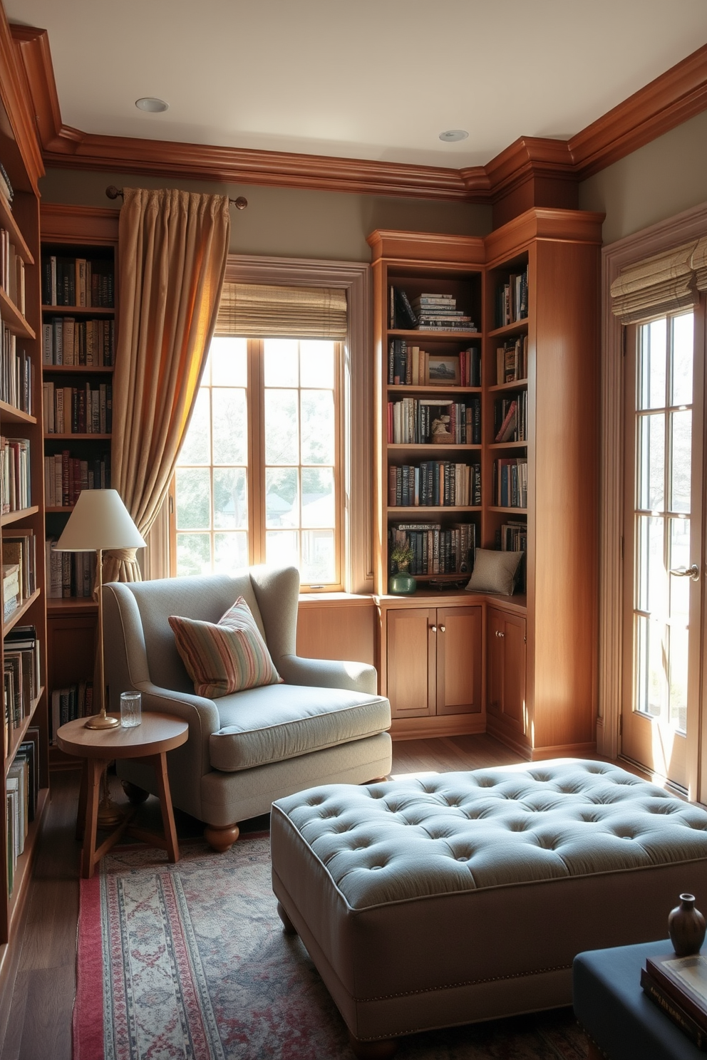 A cozy reading nook with large windows features a plush armchair upholstered in soft fabric, positioned next to a small wooden side table. Sunlight streams in, illuminating the space and creating a warm atmosphere, while a collection of books is neatly arranged on a nearby shelf. The home library showcases built-in shelving that stretches from floor to ceiling, filled with an array of books and decorative items. A comfortable ottoman sits in the center, inviting relaxation and inspiring creativity in this study design.