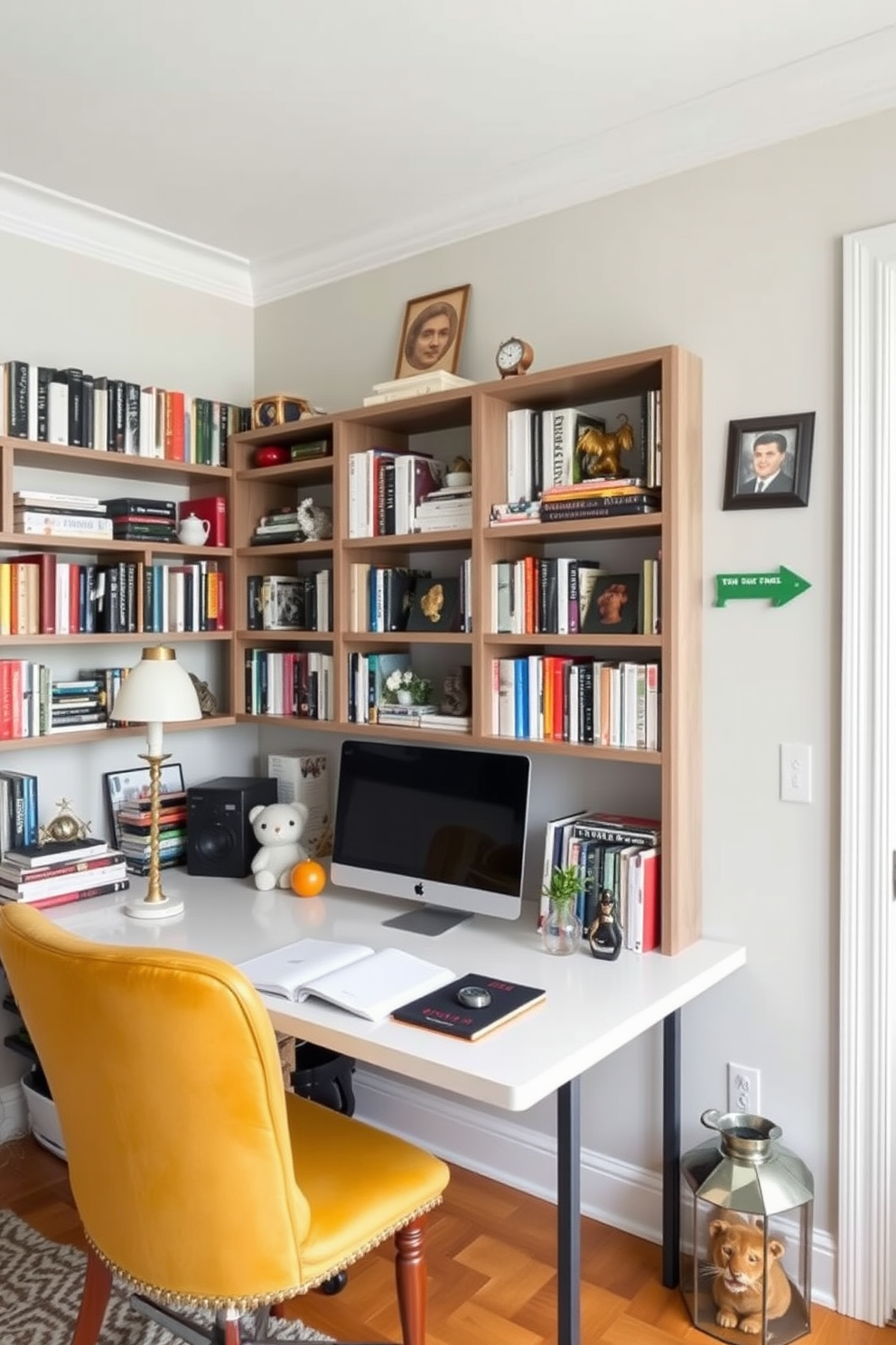 A cozy home library study featuring a large wooden desk with a comfortable leather chair. The room is adorned with textured rugs that provide comfort underfoot, while bookshelves line the walls filled with an array of books and decorative objects.