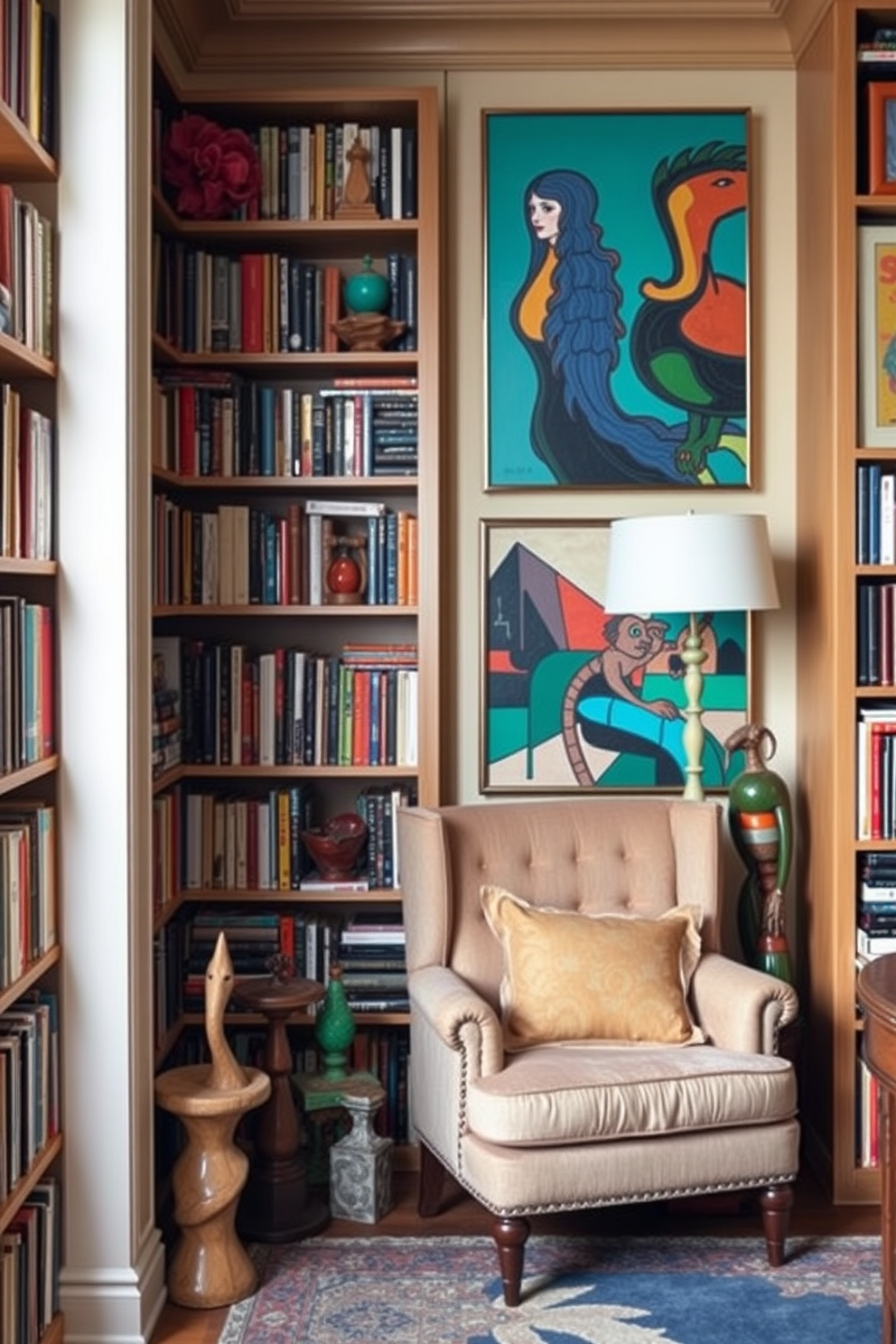 An eclectic home library study filled with an array of colorful art pieces and shelves brimming with books. A cozy reading nook features a plush armchair surrounded by unique sculptures and vibrant wall art, creating an inviting atmosphere for creativity and relaxation.