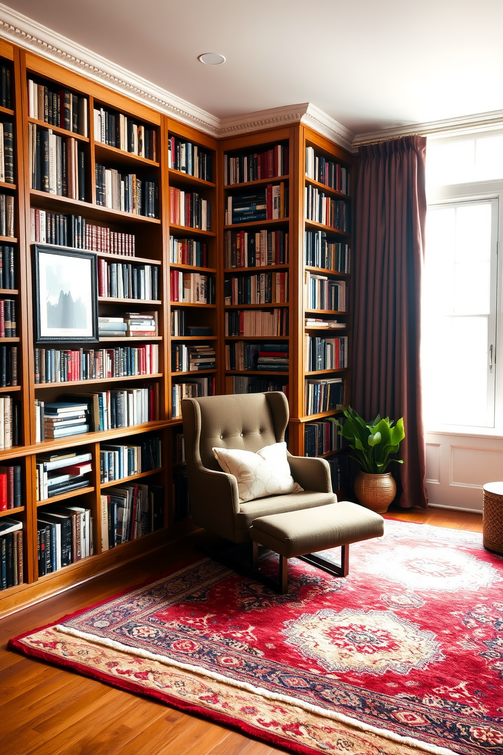 A cozy home library study features soft area rugs that add warmth and comfort to the space. The room is filled with tall bookshelves lined with books, and a comfortable reading chair is positioned next to a large window that allows natural light to flood in.