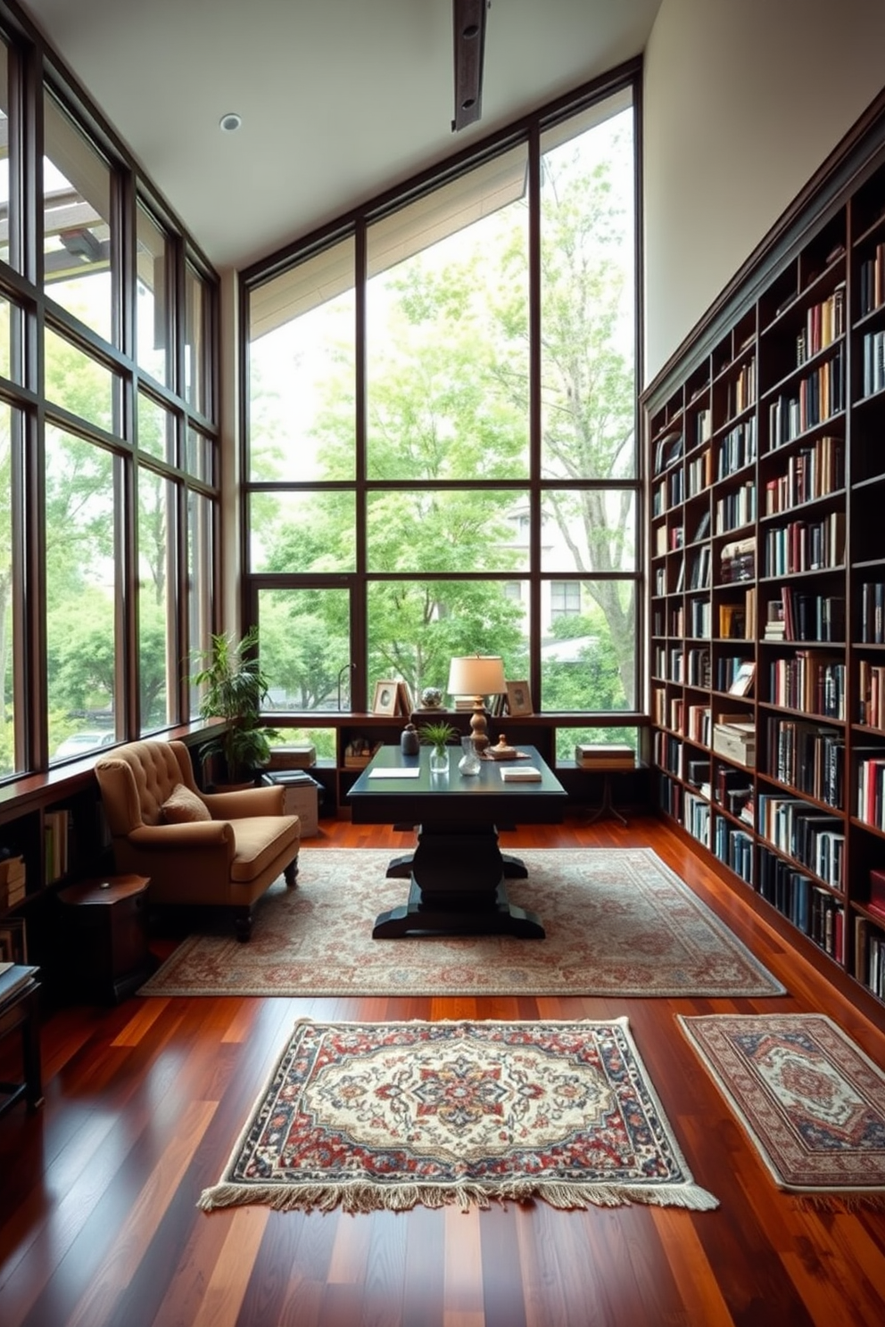 A cozy home library with floor-to-ceiling windows allowing abundant natural light to fill the space. The room features dark wooden bookshelves lined with a variety of books and a plush reading chair in the corner. A large wooden desk sits in the center, complemented by a stylish lamp and decorative items. Soft area rugs add warmth to the hardwood floor, creating an inviting atmosphere for study and relaxation.