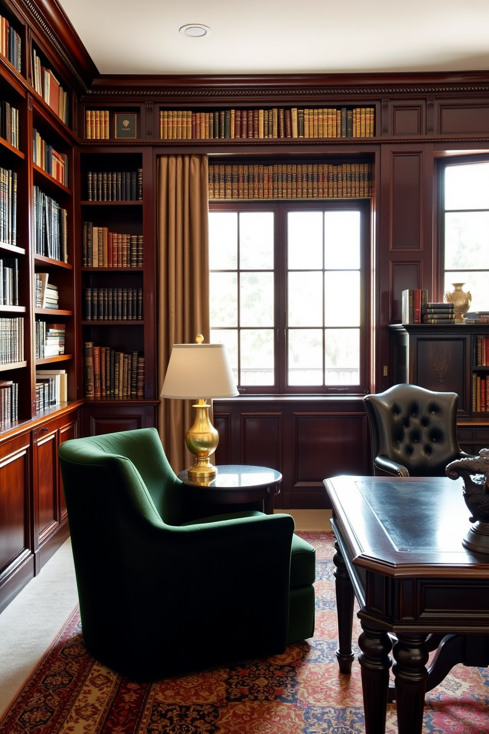 A cozy home library featuring dark wood tones and gold accents. The walls are lined with rich mahogany bookshelves filled with books, while a plush velvet armchair in deep green sits beside a small round table. A large window allows natural light to flood the space, highlighting a gold-accented reading lamp. A dark wood desk with intricate detailing is positioned in the corner, accompanied by a stylish leather chair for a sophisticated study area.